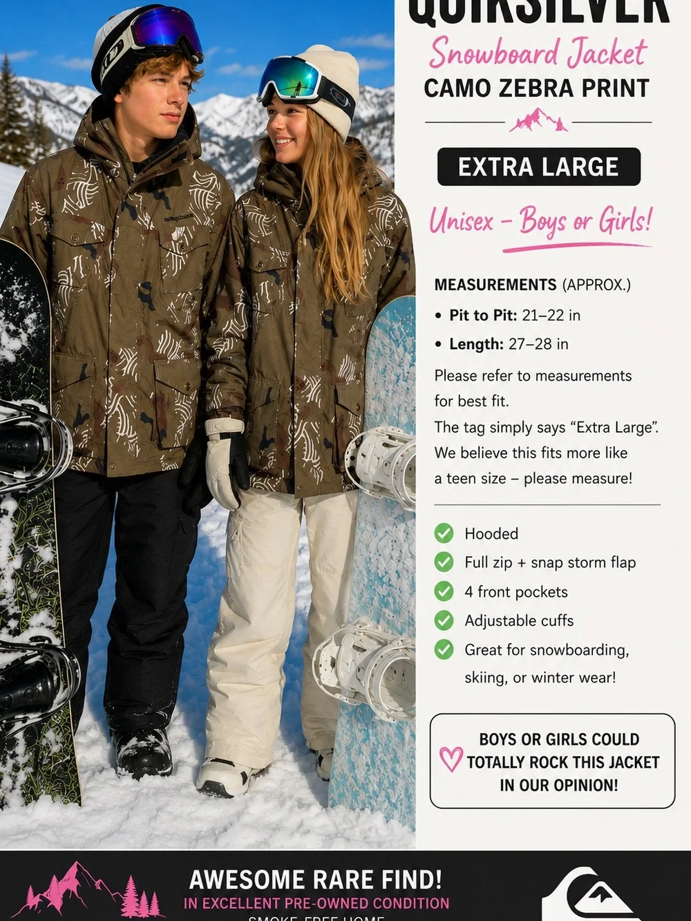 Quiksilver XL Camo Zebra Print Snowboard Jacket – Unisex Teen/Boys/Girls